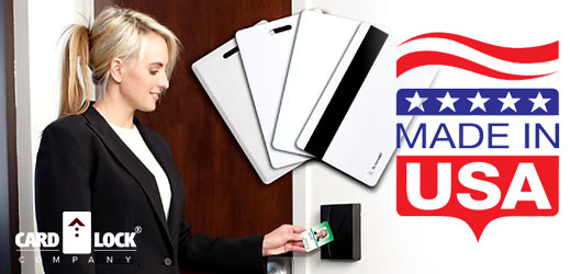 Women using key card door lock with "made in usa" embedded in image