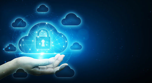 Cloud based access control computing and technology network connection concept. Businessman hand holding cloud server protect data device